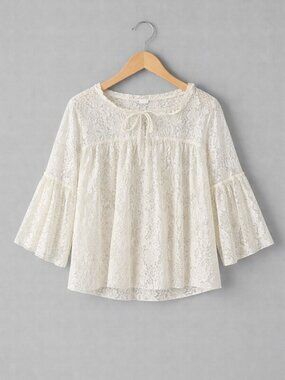 Shannon Ford Lace Boho Blouse White Sheer Tie Neck Bell Sleeve Medium